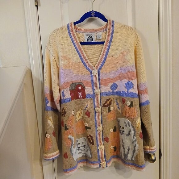 Vintage Handknits by Storybook Knits Cat & Pumpkin Button-Down Sweater Size M - Picture 1 of 8